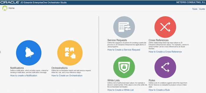 Neteris, oracle, jd edwards, jdedwards, jde, enterprise, enterpriseone, enterprise one, erp, tools, application, interface, services, service, servicios, servicio, mobile, móvil, movil, internet of things, iot, orchestrator, orchestration, notification, notificación, service request, white list, cross references, rules